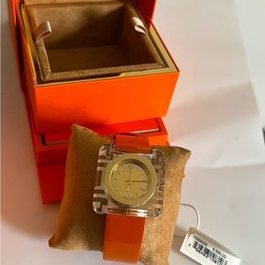 Tory Burch Izzie Leather-Strap Golden Watch, Orange